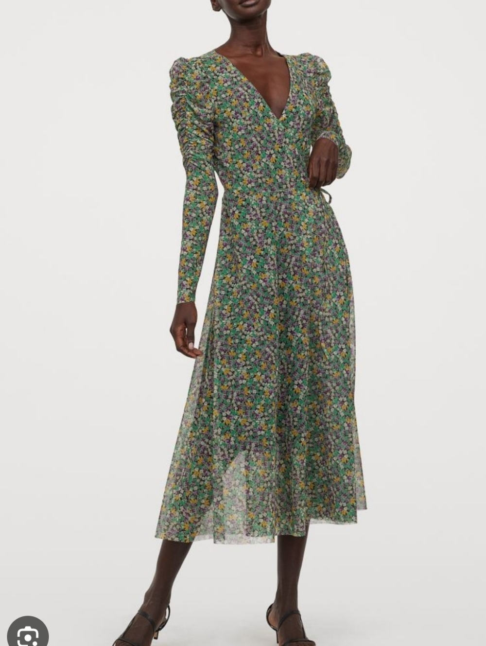 H&M Wrap Dress Floral V-Neck Long Sleeve Midi Dress - Green Multi